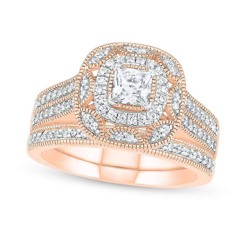 0.75 CT. T.W. Princess-Cut Natural Diamond Double Cushion Frame Antique Vintage-Style Bridal Engagement Ring Set in Solid 10K Rose Gold