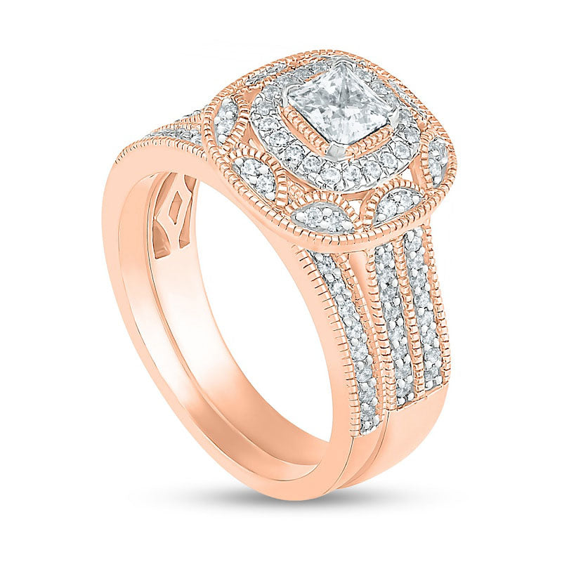 0.75 CT. T.W. Princess-Cut Natural Diamond Double Cushion Frame Antique Vintage-Style Bridal Engagement Ring Set in Solid 10K Rose Gold