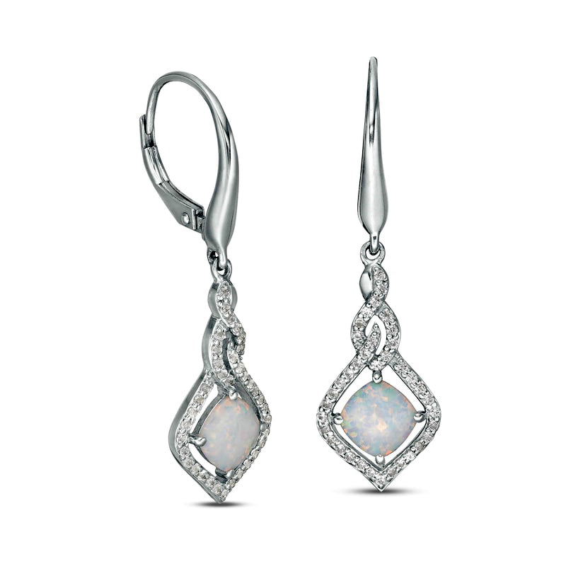 6.0mm Cushion-Cut Lab-Created Opal and White Sapphire Cascading Open Flame Drop Earrings in Sterling Silver