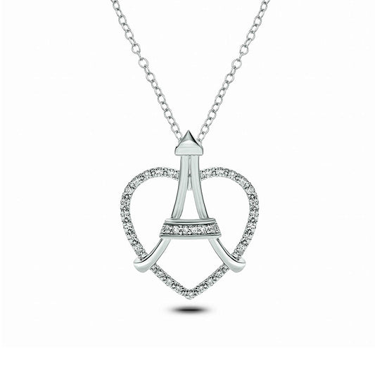 0.1 CT. T.W. Natural Diamond Heart Online Eiffel Tower Pendant in Sterling Silver