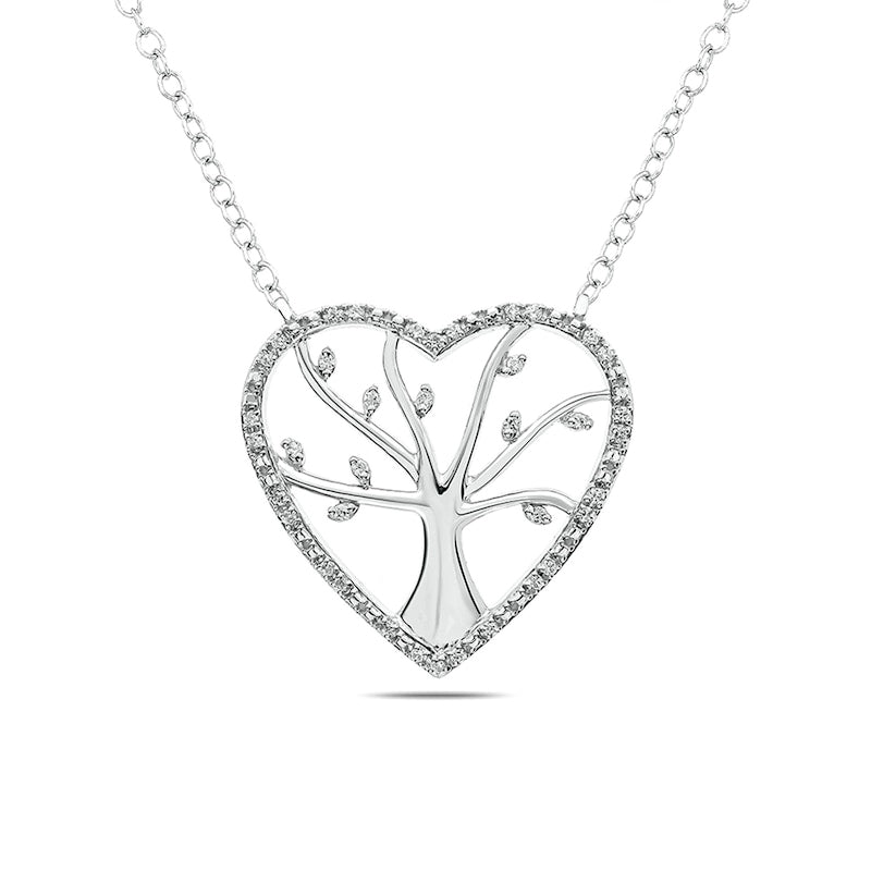 0.1 CT. T.W. Natural Diamond Heart Outline Tree of Life Necklace in Sterling Silver