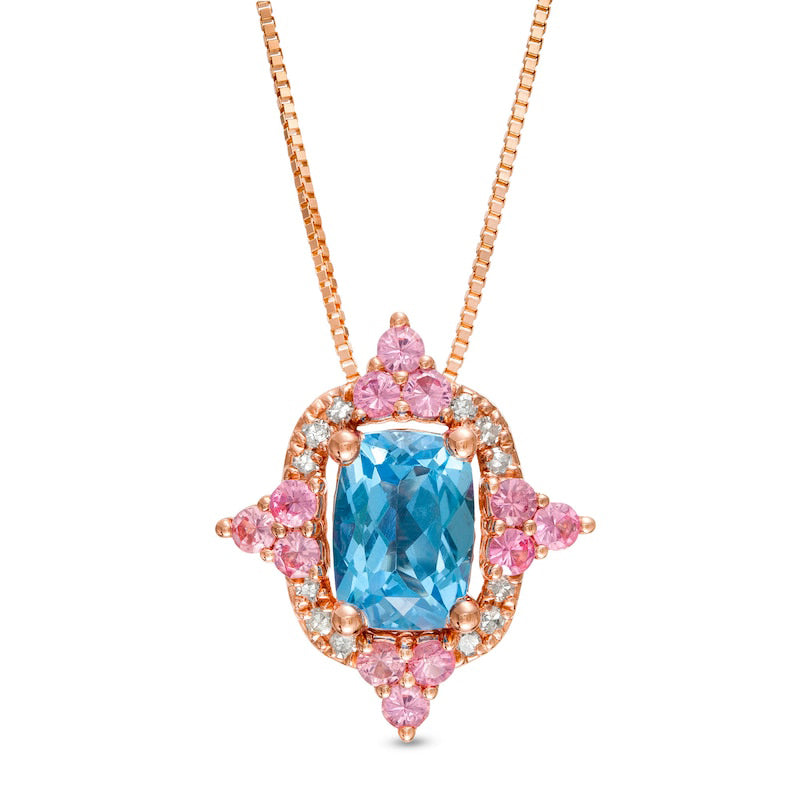 Captivating Color Swiss Blue Topaz, Pink Spinel and 0.05 CT. T.W. Natural Diamond Frame Pendant in 14K Rose Gold