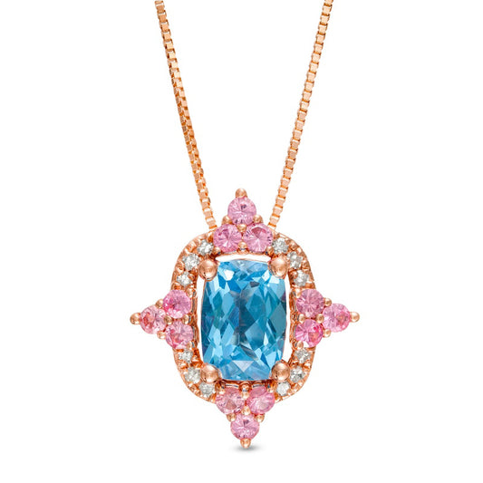 Captivating Color Swiss Blue Topaz, Pink Spinel and 0.05 CT. T.W. Natural Diamond Frame Pendant in 14K Rose Gold