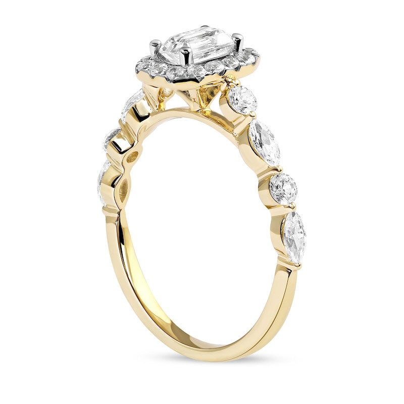 1.0 CT. T.W. Emerald-Cut Natural Diamond Frame Multi-Shape Alternating Shank Engagement Ring in Solid 10K Yellow Gold