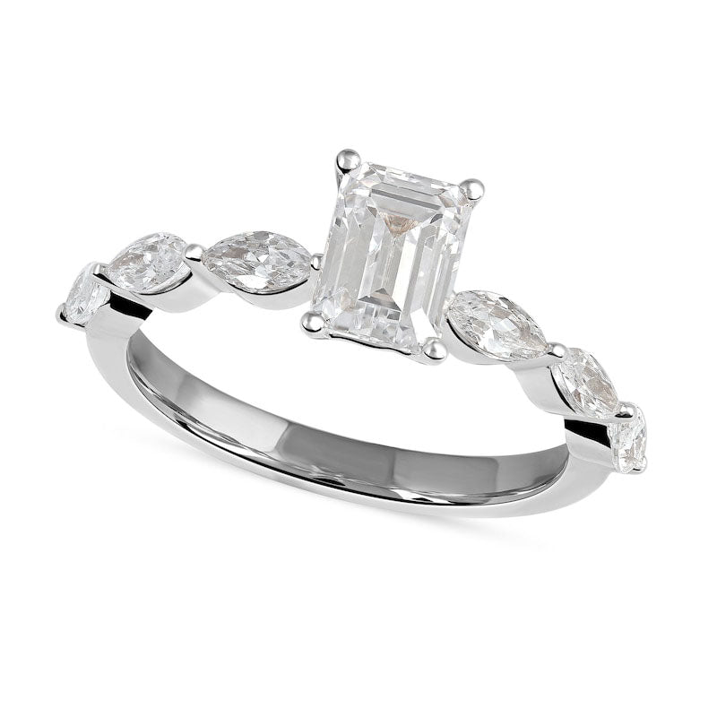 1.63 CT. T.W. Emerald-Cut and Marquise Natural Diamond Engagement Ring in Solid 14K White Gold