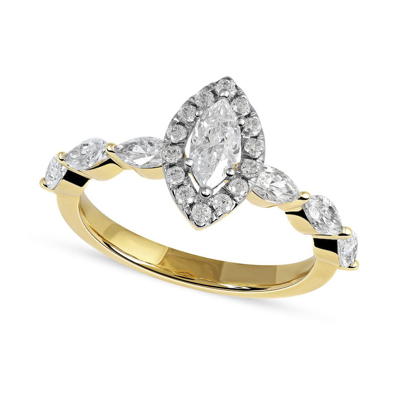 1.0 CT. T.W. Marquise and Round Natural Diamond Frame Engagement Ring in Solid 10K Yellow Gold