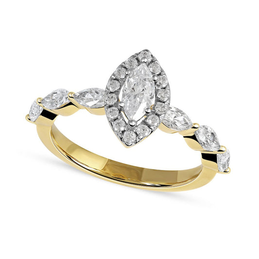 1.0 CT. T.W. Marquise and Round Natural Diamond Frame Engagement Ring in Solid 10K Yellow Gold