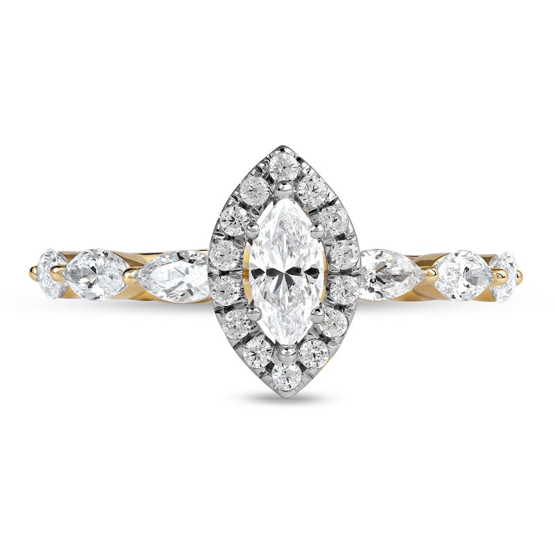 1.0 CT. T.W. Marquise and Round Natural Diamond Frame Engagement Ring in Solid 10K Yellow Gold