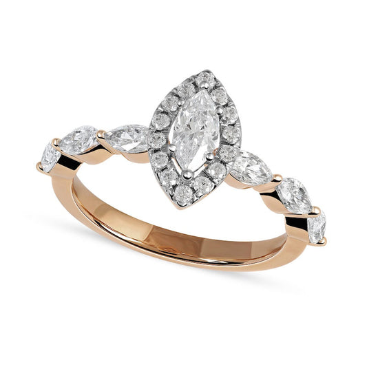 1.0 CT. T.W. Marquise and Round Natural Diamond Frame Engagement Ring in Solid 10K Rose Gold