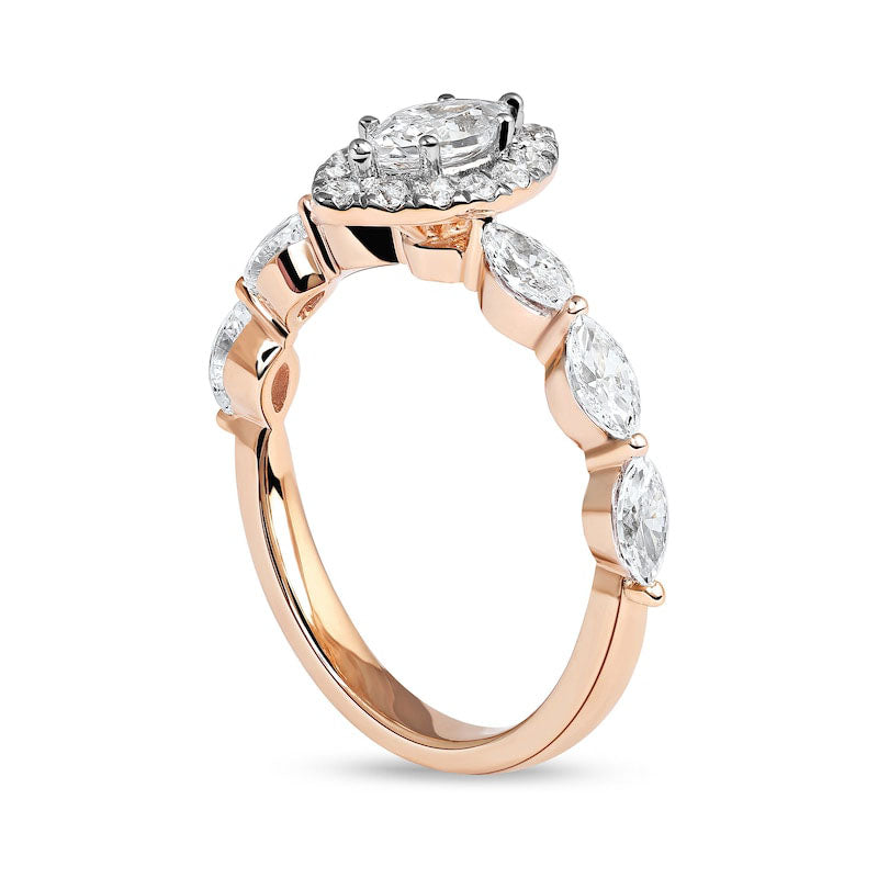 1.0 CT. T.W. Marquise and Round Natural Diamond Frame Engagement Ring in Solid 10K Rose Gold