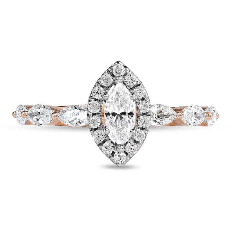 1.0 CT. T.W. Marquise and Round Natural Diamond Frame Engagement Ring in Solid 10K Rose Gold