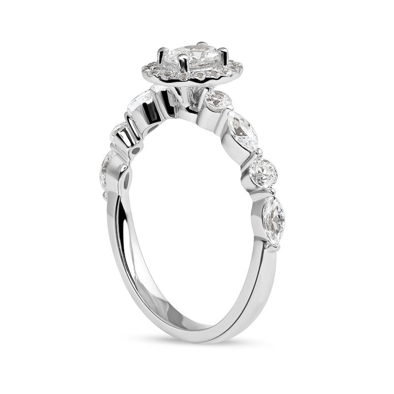 0.88 CT. T.W. Oval Natural Diamond Frame Multi-Shape Alternating Shank Engagement Ring in Solid 10K White Gold