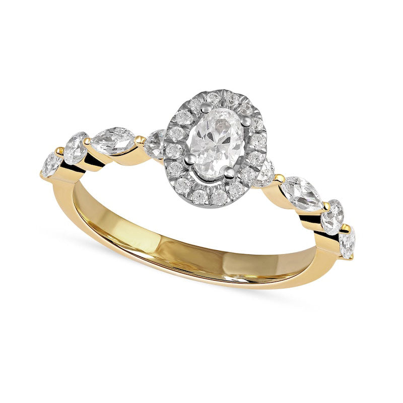 0.88 CT. T.W. Oval Natural Diamond Frame Multi-Shape Alternating Shank Engagement Ring in Solid 10K Yellow Gold