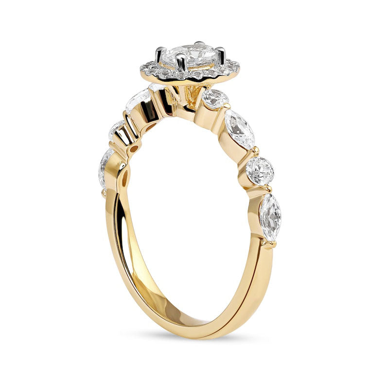 0.88 CT. T.W. Oval Natural Diamond Frame Multi-Shape Alternating Shank Engagement Ring in Solid 10K Yellow Gold