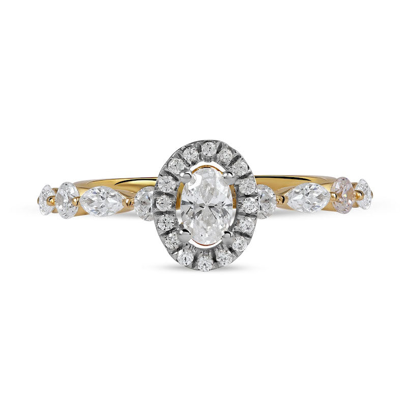 0.88 CT. T.W. Oval Natural Diamond Frame Multi-Shape Alternating Shank Engagement Ring in Solid 10K Yellow Gold