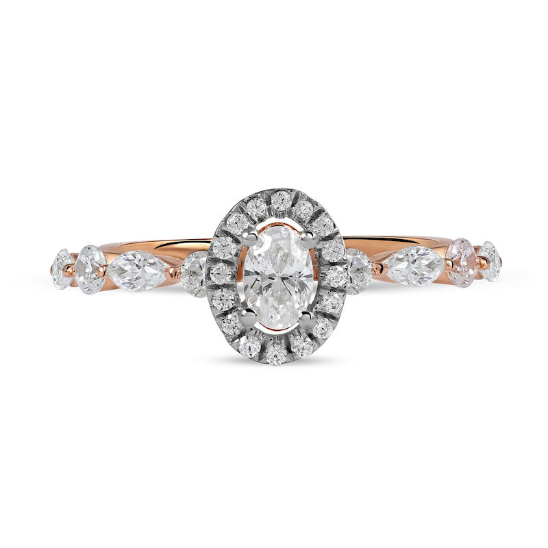 0.88 CT. T.W. Oval Natural Diamond Frame Multi-Shape Alternating Shank Engagement Ring in Solid 10K Rose Gold