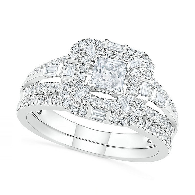 1.0 CT. T.W. Multi-Shape Natural Diamond Double Octagonal Frame Bridal Engagement Ring Set in Solid 10K White Gold