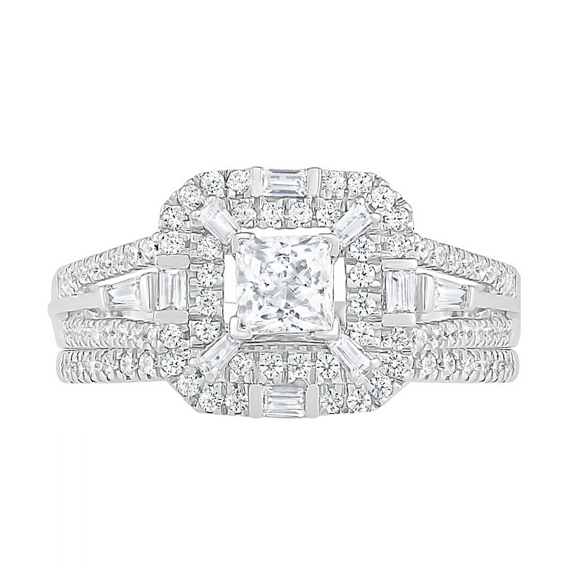 1.0 CT. T.W. Multi-Shape Natural Diamond Double Octagonal Frame Bridal Engagement Ring Set in Solid 10K White Gold