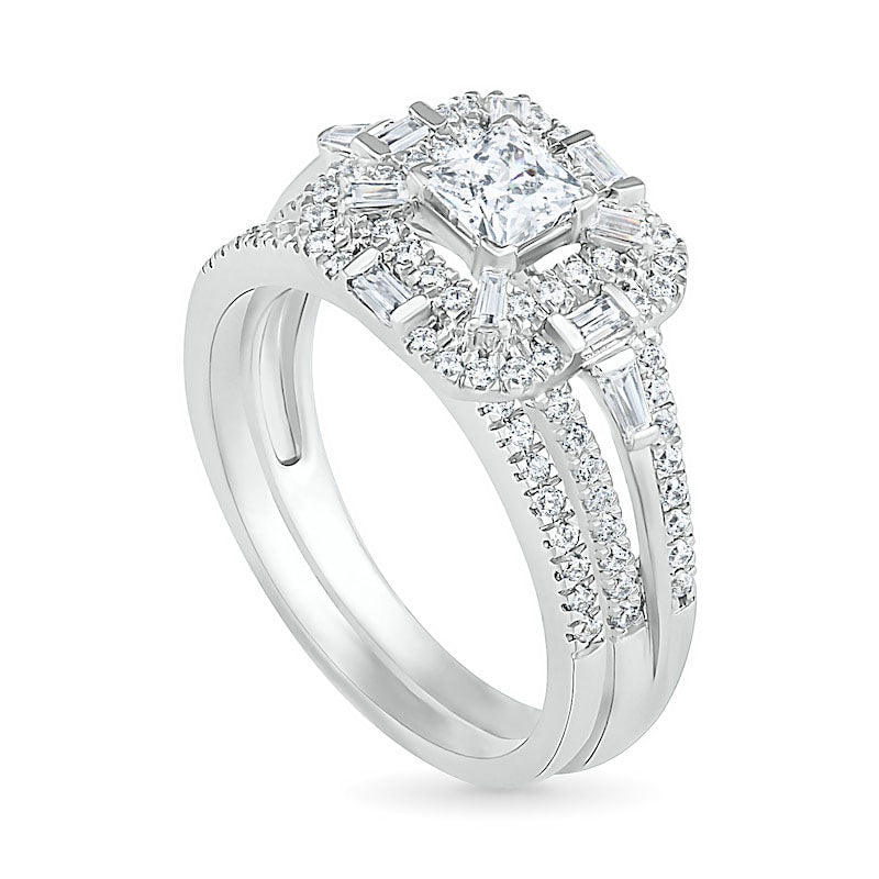 1.0 CT. T.W. Multi-Shape Natural Diamond Double Octagonal Frame Bridal Engagement Ring Set in Solid 10K White Gold