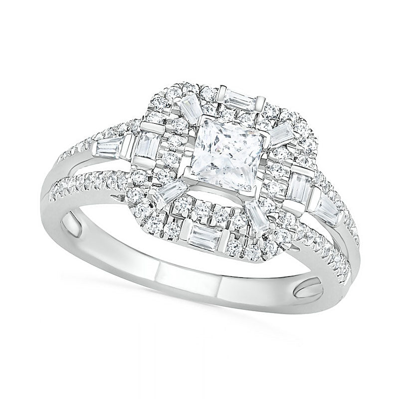 1.0 CT. T.W. Multi-Shape Natural Diamond Double Octagonal Frame Bridal Engagement Ring Set in Solid 10K White Gold