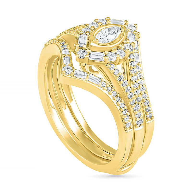 0.75 CT. T.W. Multi-Shape Natural Diamond Chevron Split Shank Bridal Engagement Ring Set in Solid 10K Yellow Gold