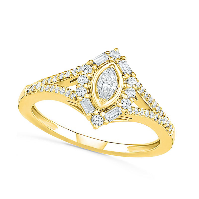 0.75 CT. T.W. Multi-Shape Natural Diamond Chevron Split Shank Bridal Engagement Ring Set in Solid 10K Yellow Gold