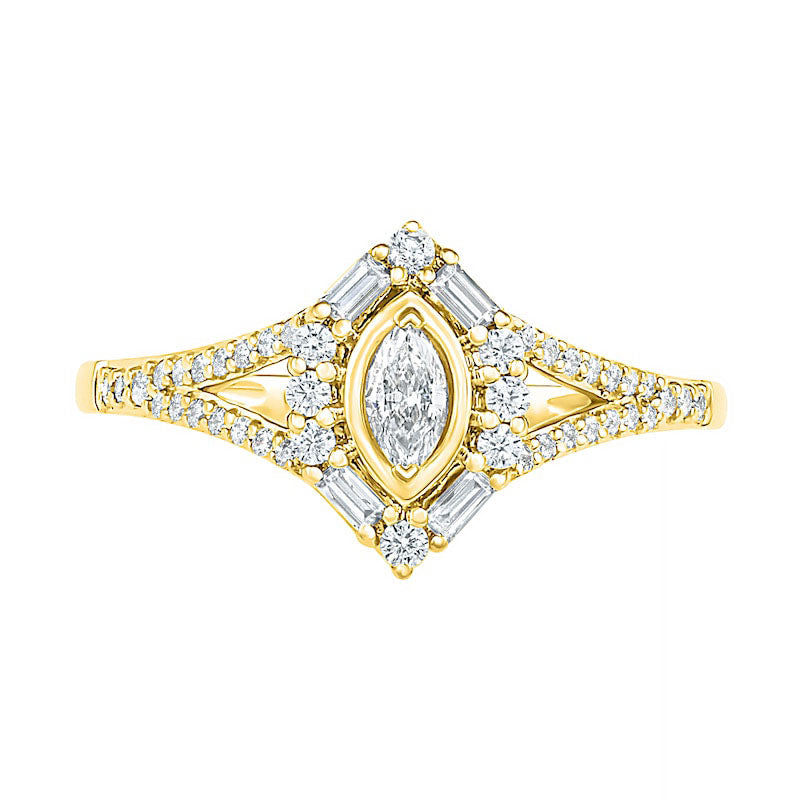 0.75 CT. T.W. Multi-Shape Natural Diamond Chevron Split Shank Bridal Engagement Ring Set in Solid 10K Yellow Gold