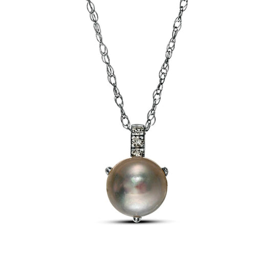 6.0-6.5mm Button Cultured Freshwater Pearl and Natural Diamond Accent Drop Pendant in 10K White Gold