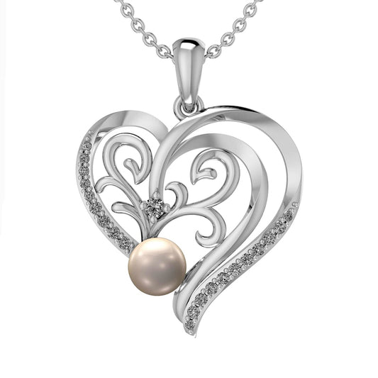 5.0mm Cultured Freshwater Pearl and Lab-Created White Sapphire Filigree Double Loop Heart Pendant in Sterling Silver