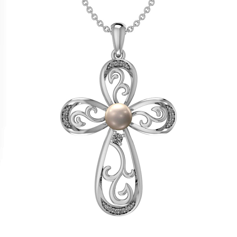 5.0mm Cultured Freshwater Pearl and Lab-Created White Sapphire Filigree Loop Cross Pendant in Sterling Silver