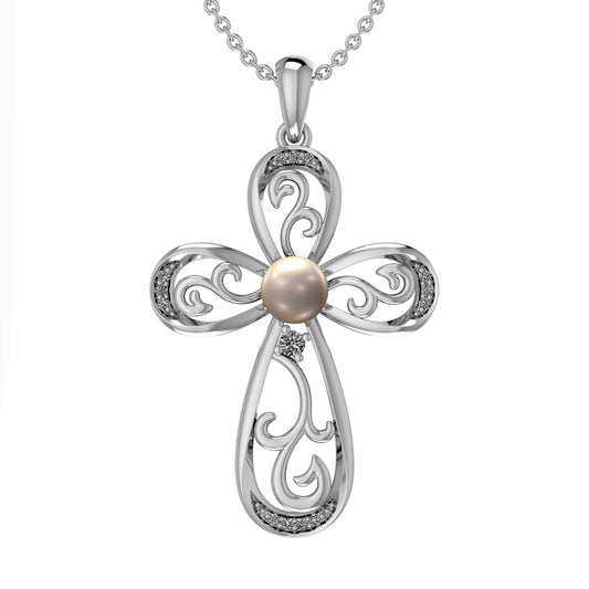 5.0mm Cultured Freshwater Pearl and Lab-Created White Sapphire Filigree Loop Cross Pendant in Sterling Silver