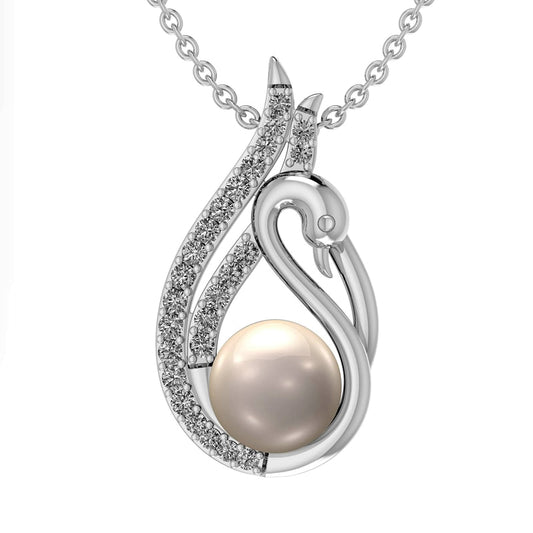 7.0mm Cultured Freshwater Pearl and Lab-Created White Sapphire Swan Drop Pendant in Sterling Silver