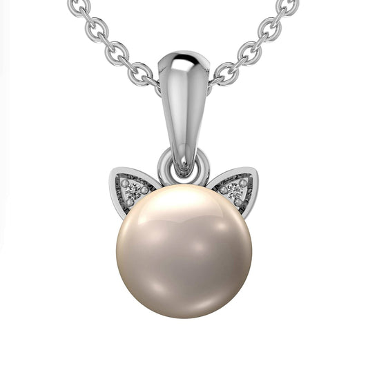 7.0mm Cultured Freshwater Pearl and Natural Diamond Accent Cat Head Drop Pendant in Sterling Silver