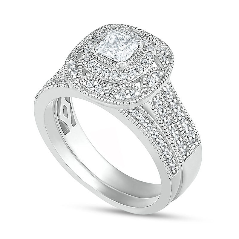 0.75 CT. T.W. Princess-Cut Natural Diamond Frame Antique Vintage-Style Bridal Engagement Ring Set in Solid 10K White Gold