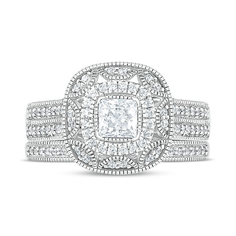 0.75 CT. T.W. Princess-Cut Natural Diamond Frame Antique Vintage-Style Bridal Engagement Ring Set in Solid 10K White Gold