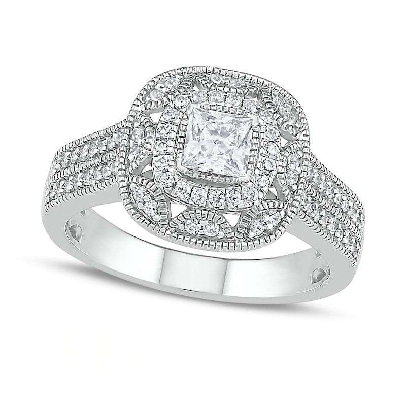 0.75 CT. T.W. Princess-Cut Natural Diamond Frame Antique Vintage-Style Bridal Engagement Ring Set in Solid 10K White Gold