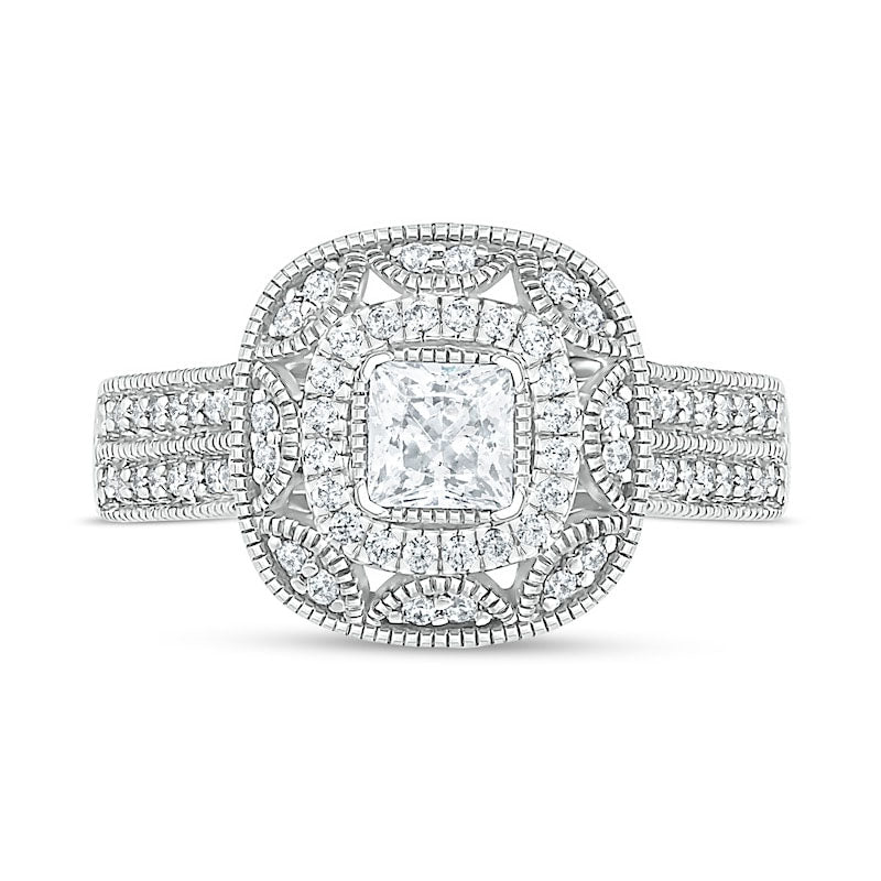 0.75 CT. T.W. Princess-Cut Natural Diamond Frame Antique Vintage-Style Bridal Engagement Ring Set in Solid 10K White Gold