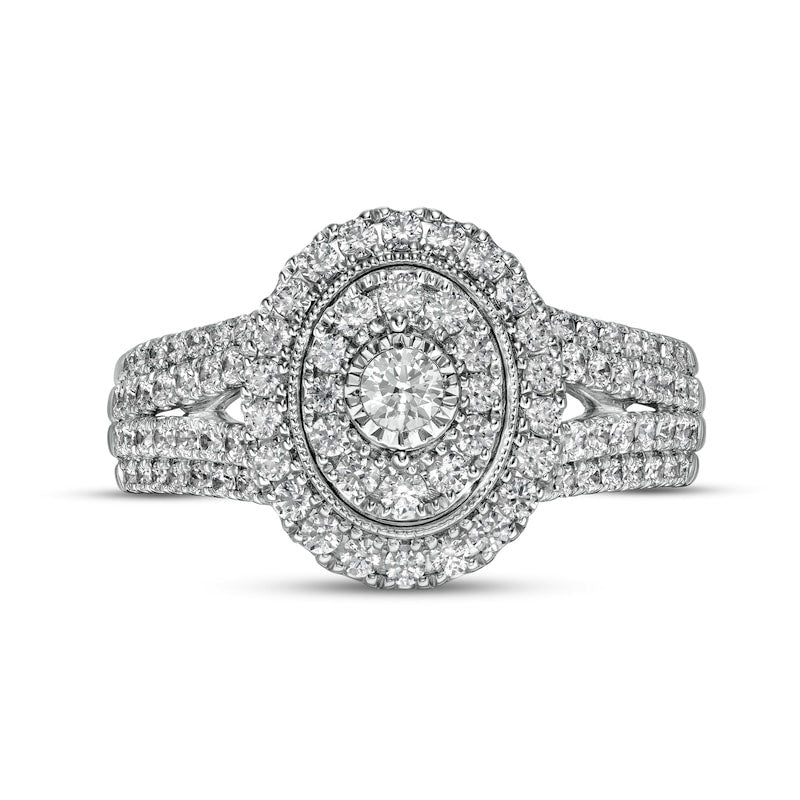 1.0 CT. T.W. Natural Diamond Double Oval Frame Antique Vintage-Style Split Shank Engagement Ring in Solid 10K White Gold