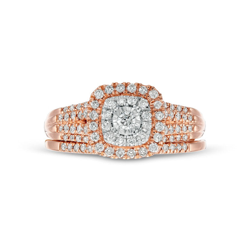 0.50 CT. T.W. Natural Diamond Double Cushion-Shaped Multi-Row Bridal Engagement Ring Set in Solid 10K Rose Gold