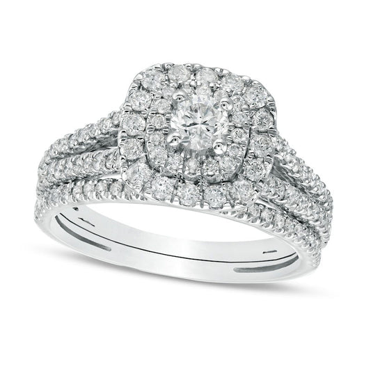 1.0 CT. T.W. Natural Diamond Double Cushion-Shaped Frame Multi-Row Bridal Engagement Ring Set in Solid 10K White Gold