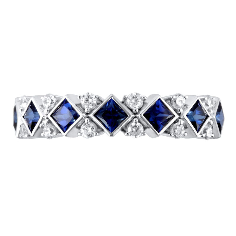 Tilted Princess-Cut Blue Sapphire and 0.20 CT. T.W. Natural Diamond Duo Accent Ring in Solid 10K White Gold