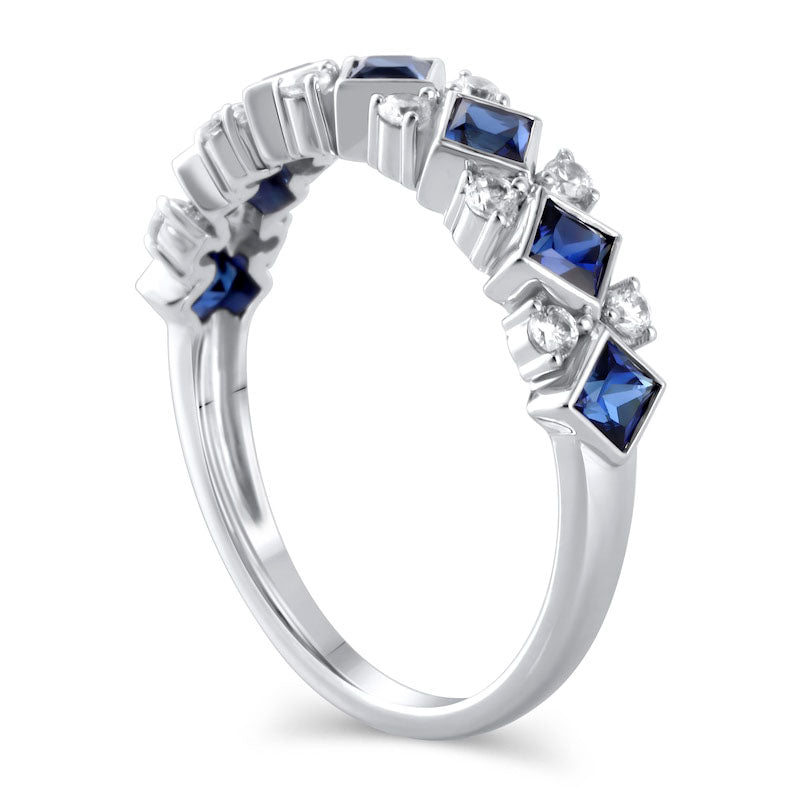 Tilted Princess-Cut Blue Sapphire and 0.20 CT. T.W. Natural Diamond Duo Accent Ring in Solid 10K White Gold