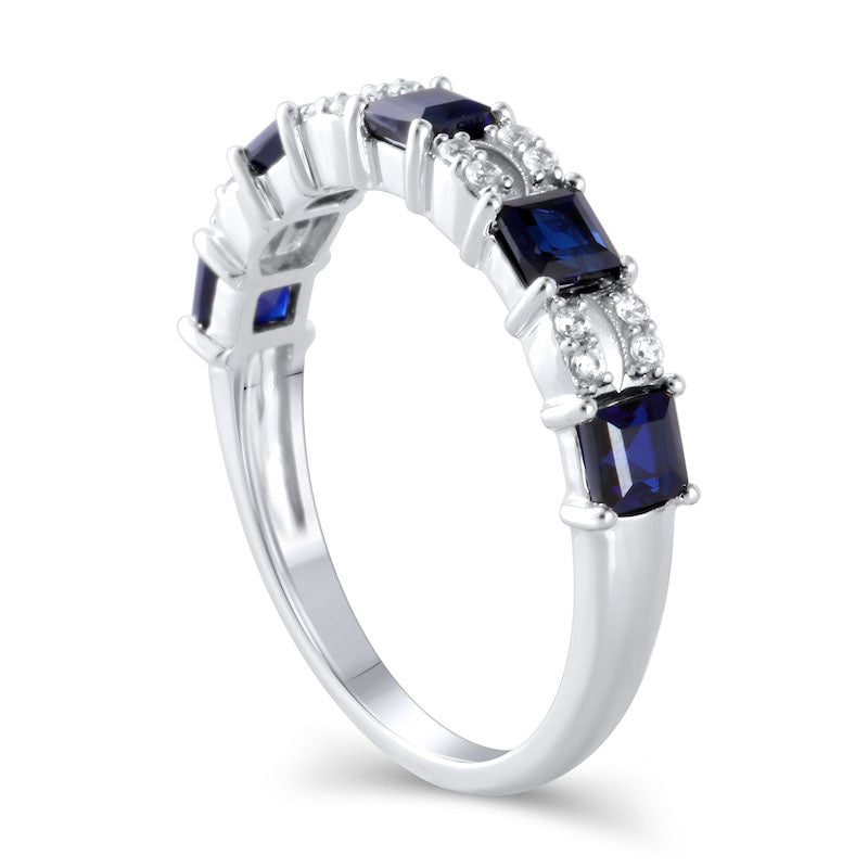 Princess-Cut Blue Sapphire and 0.10 CT. T.W. Natural Diamond Split Duo Five Stone Alternating Ring in Solid 10K White Gold