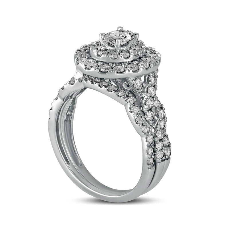 1.5 CT. T.W. Oval Natural Diamond Double Frame Multi-Row Bridal Engagement Ring Set in Solid 10K White Gold