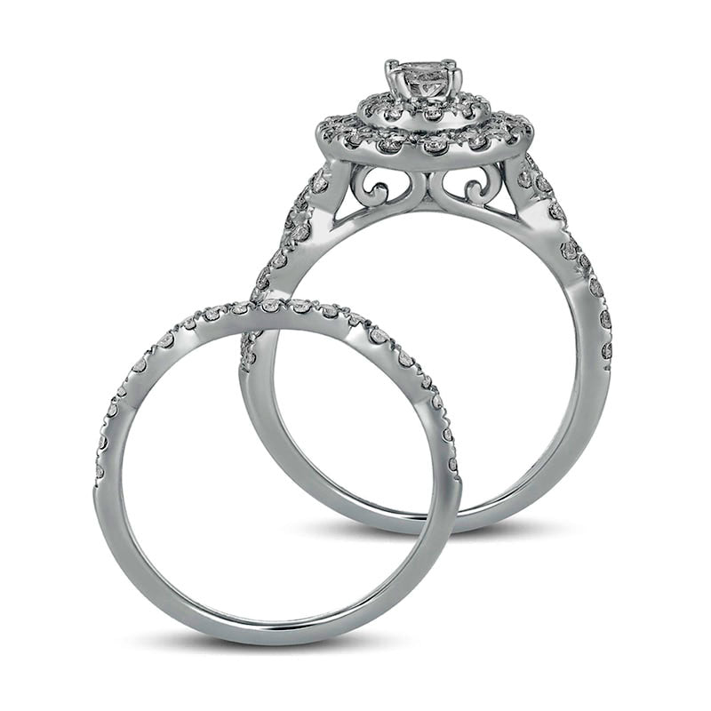 1.5 CT. T.W. Oval Natural Diamond Double Frame Multi-Row Bridal Engagement Ring Set in Solid 10K White Gold