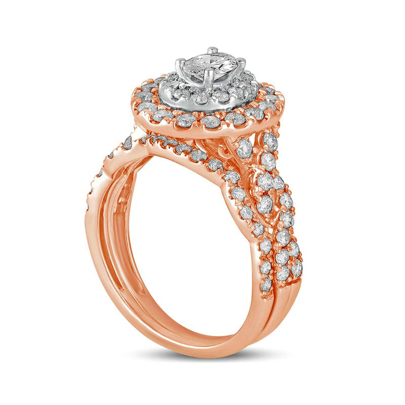 1.5 CT. T.W. Oval Natural Diamond Double Frame Multi-Row Bridal Engagement Ring Set in Solid 10K Rose Gold