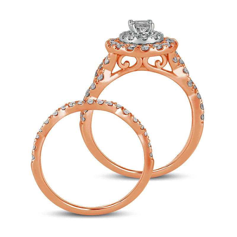 1.5 CT. T.W. Oval Natural Diamond Double Frame Multi-Row Bridal Engagement Ring Set in Solid 10K Rose Gold