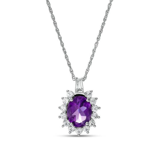 Oval Amethyst and White Lab-Created Sapphire Starburst Frame Pendant in Sterling Silver