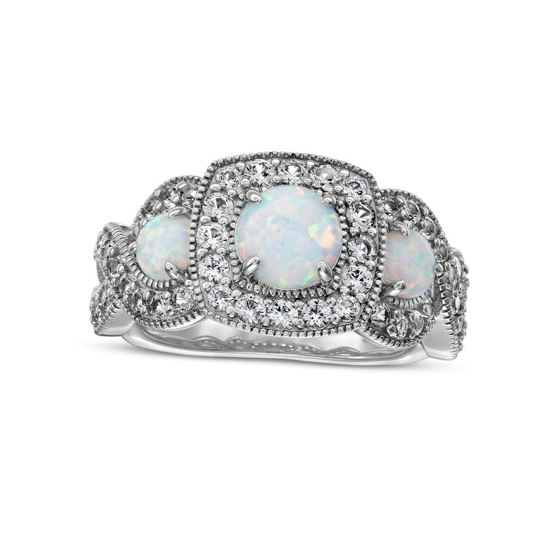 Lab-Created Opal and White Lab-Created Sapphire Cushion Frame Three Stone Infinity Antique Vintage-Style Ring in Sterling Silver