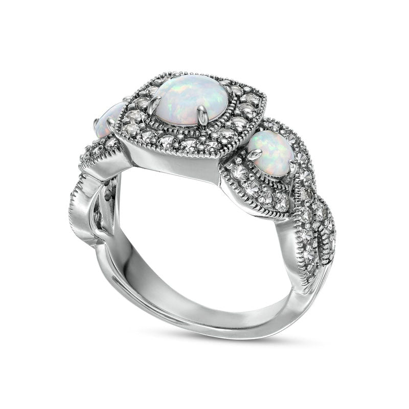 Lab-Created Opal and White Lab-Created Sapphire Cushion Frame Three Stone Infinity Antique Vintage-Style Ring in Sterling Silver